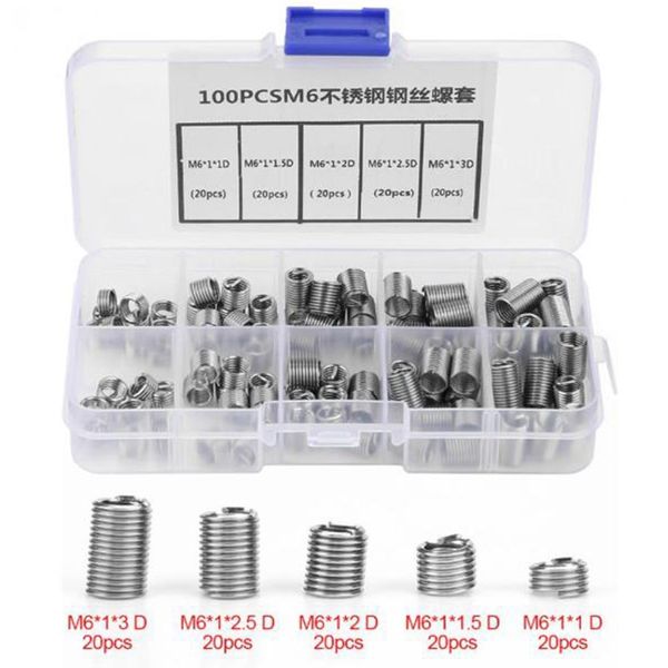 

100 pcs/set m6 stainless steel screw thread insert coiled wire twisted threaded inserts set thread repair kit