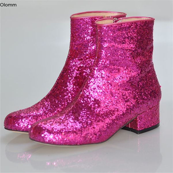 

rontic women glitter ankle boots comfort square low heels boots round toe gorgeous fuchsia party shoes women plus us size 5-15, Black