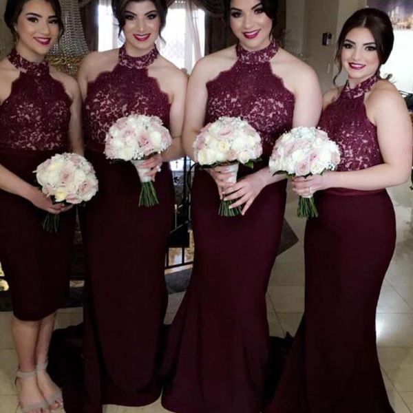 

2019 burgundy bridesmaid dress high neck halter sleeveless lace appliques short long maid of honor gowns wedding party guest formal dress, White;pink