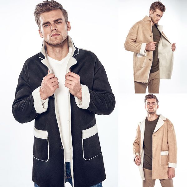 

winter men fleece collar composite lamb fur single breasted windbreaker streetwear windproof overcoat chaqueta de los hombres#3, Tan;black