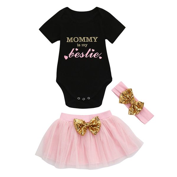 

new summer newborn baby girl's clothes short sleeve letter jumper & puff short skirt & hairband 3pcs outfits sets 2020 hot, White