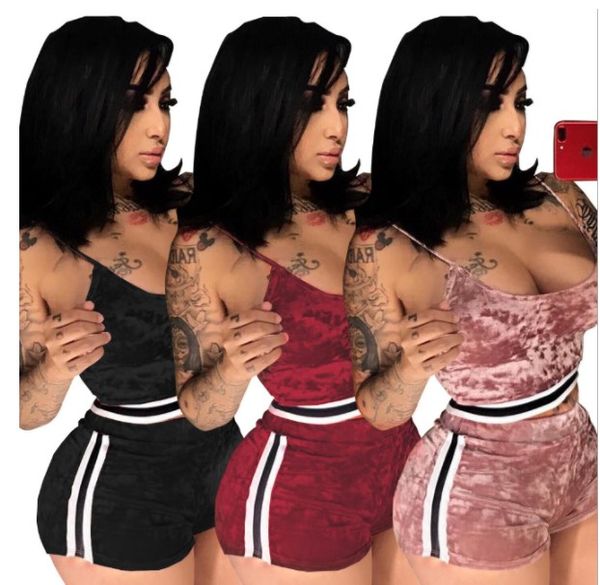 

9393# new fashion women two piece set women bodysuit strap crop short pants suede material 2 piece tracksuit women suit s-3xl, Gray
