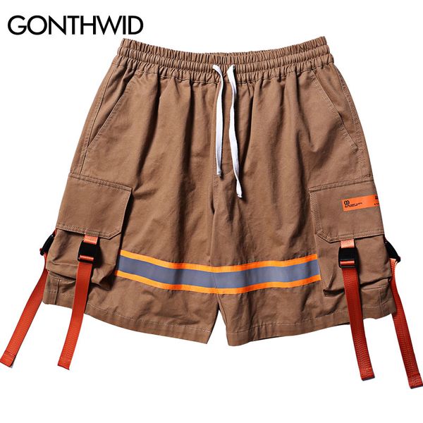 

gonthwid 3m reflective stripe buckle straps cargo oversized shorts streetwear hip hop 2020 men casual baggy shorts fashion male, White;black