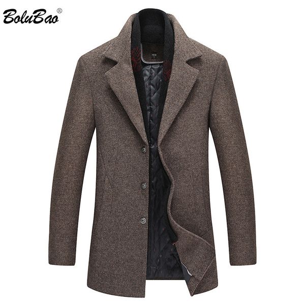 

bolubao men winter wool coat men's casual solid color warm thick wool blends woolen fashion pea coat male trench overcoat, Black