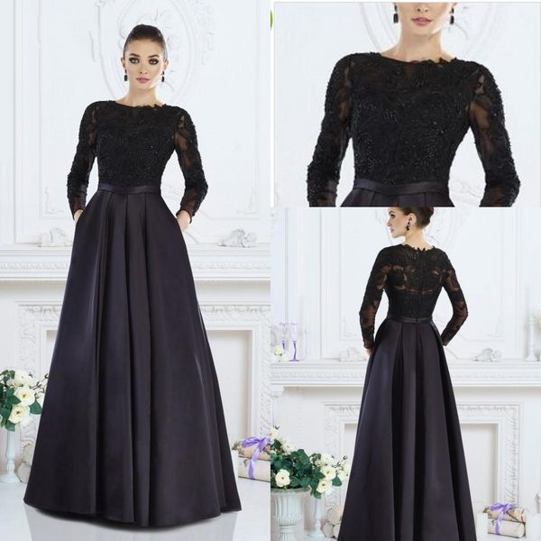 2024 Abiti da sposa Black Black Black Abiti a maniche lunghe Appliques in pizzo Ospite tascabili per le madri taglie forti 403