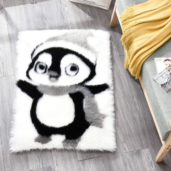 Cute Penguin Pandafaux Fur Floor Area Rug Shaggy Sheepskin Fluffy Carpet Rugs Bedroom Living Room Decorative Modern Home Luxuxry Rug Car Pets Carpet