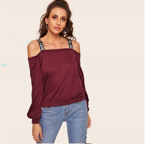 

dew плеча одежда письма тесьмы толстовка ремешки вскользь пуловеров топов пружина streetwear женщина толстовка, Black