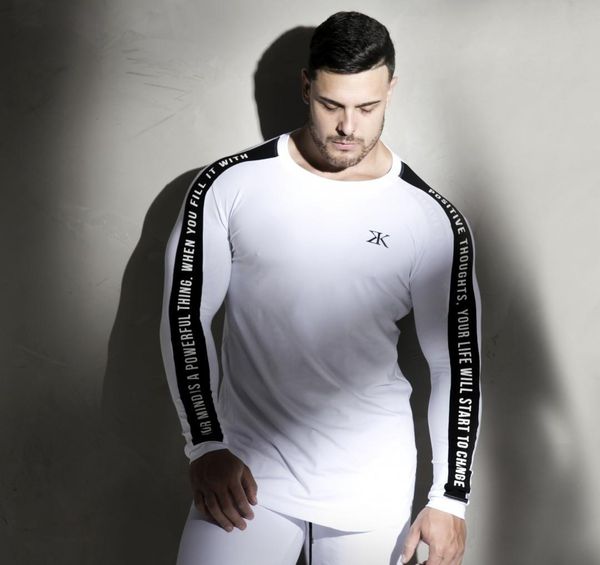 

fashion men shirts fitness training long sleeve undershirt quick dry breathable stretch leisure 4 styles size m-3xl active letter top, White;black