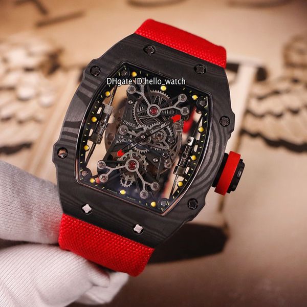 

лимитированный новый черный корпус из углеродного волокна rm27-01 скелет циферблат japan miyota automatic 27-01 мужские часы красный нейлоно, Slivery;brown