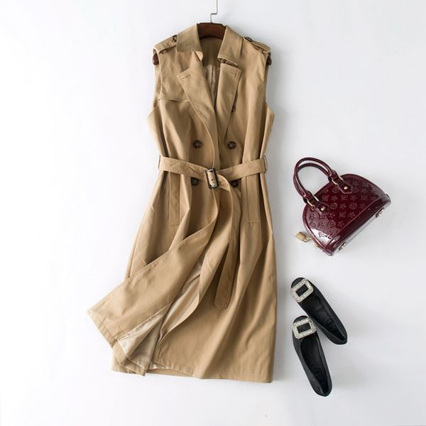 

autumn winter new trench coat women sleeveless double-breasted vest windbreaker with belt women's khaki trench coat female z815, Tan;black