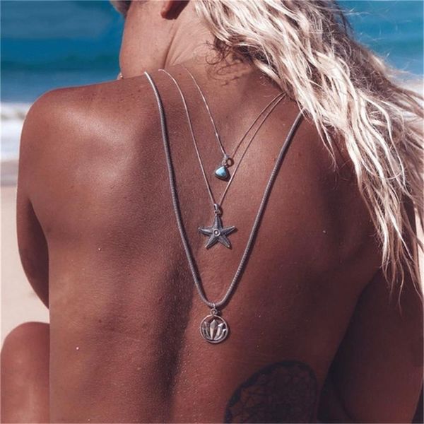 

bohemian lady necklaces stars openwork lotus triangle crystal pendant silver long necklace set fashion women beach accessories
