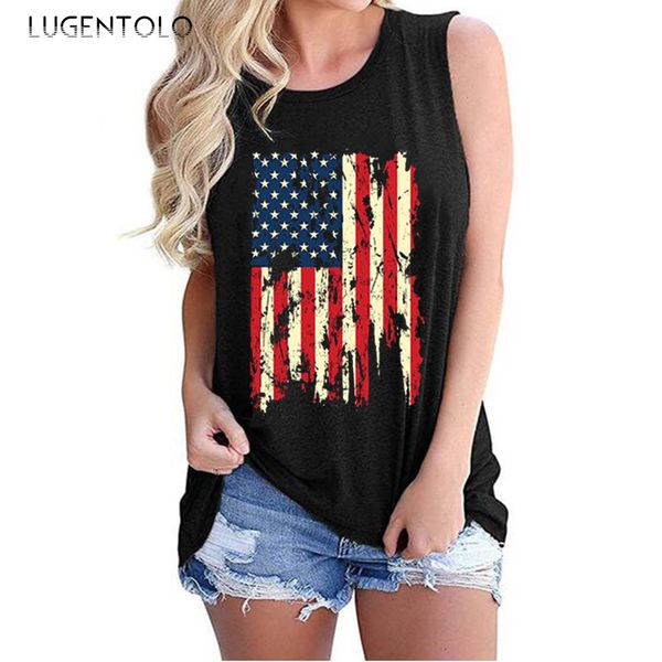 

lugentolo women tank summer sleeveless us flag print vest o-neck casual tee black independence day fashion tanks, White