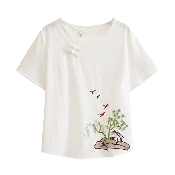 

women summer t-shirt lady tees female short sleeve embroidery seagulls cotton linen fashion plus size k73-130, White