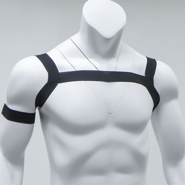 

mens lingrie adjustable male costumes body chest harness belt gay bondage elastic shoulder muscle support brace night performance arm band, Black