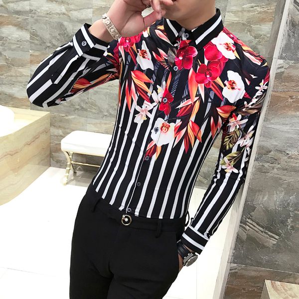 

2019 new men shirt british style mens casual shirts slim fit floral shirt men long sleeve striped blouse homme 3xl, White;black
