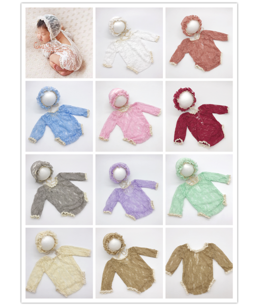 

fashion long sleeve rompers with hat lace climbing clothes baby solid color newborn pgraphy props baby girls jumpsuit, Blue