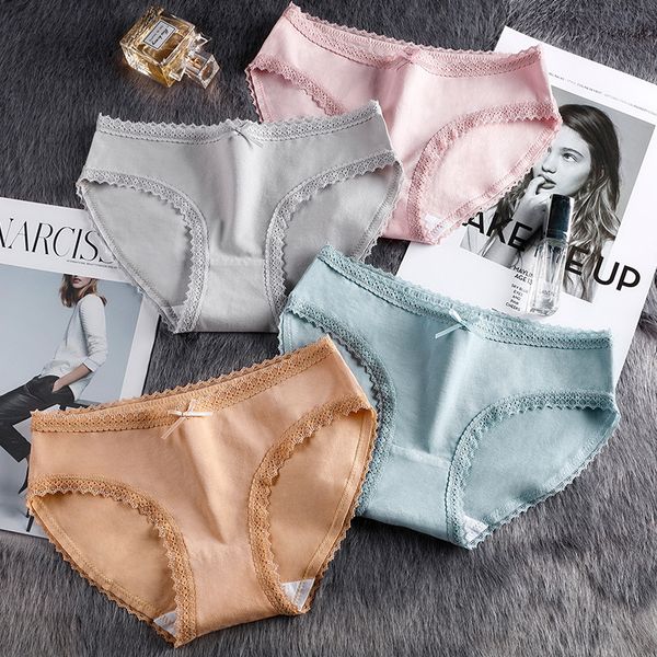 

underwear ladies cotton waist cute bow ladies cotton briefs lace comfort side close-fitting package hip female underwear, Black;pink