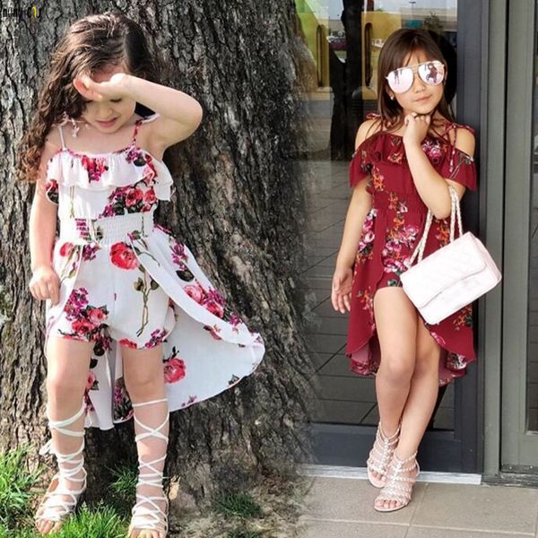 

summer sling floral dress girl princess elegant ruffles irregular culotte dresses beach child girls clothes 3 4 6 7 8 10 12 year t200624, Red;yellow