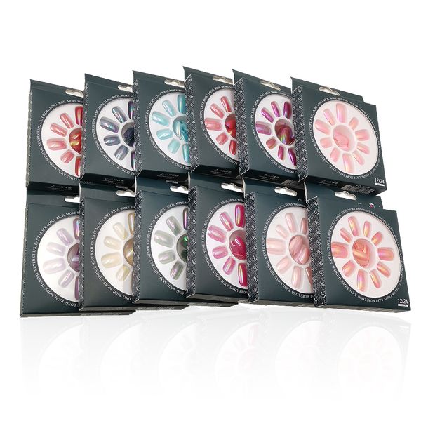 

24pcs/box 12 colors press on nails decoration manicure set ab plated fake nail tips suitable for professional salon or home use, Red;gold