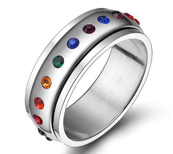 

8mm fashion men women stainless steel rotating spinner ring rainbow crystal vintage birthday gift band size 5-12, Silver