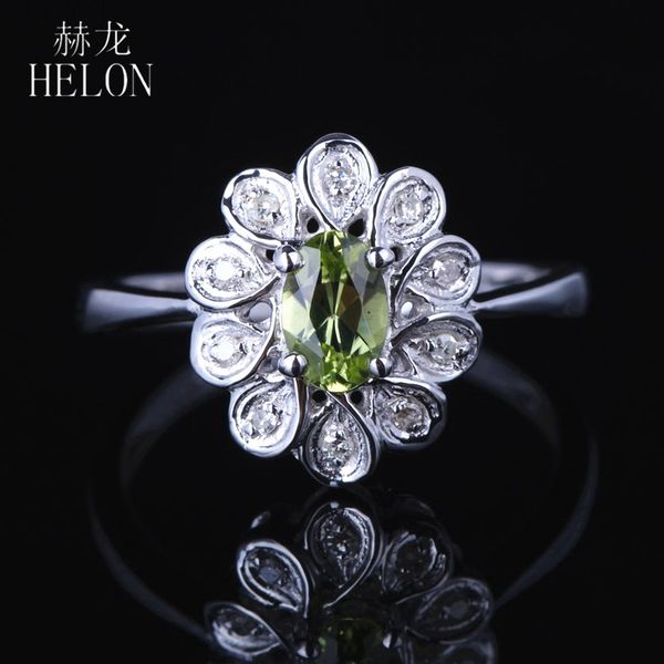 

helon solid 14k white gold au585 certified oval 0.405ct natural peridot & diamond gemstone engagement wedding women jewelry ring, Golden;silver
