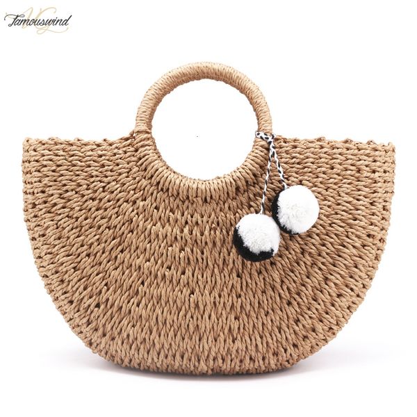

new summer string handmade bags women pompon beach weaving ladies straw bag wrapped beach bag moon shaped bag
