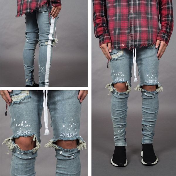 

mens designer tight light-colored pierced ribbon jeans with small feet, Blue