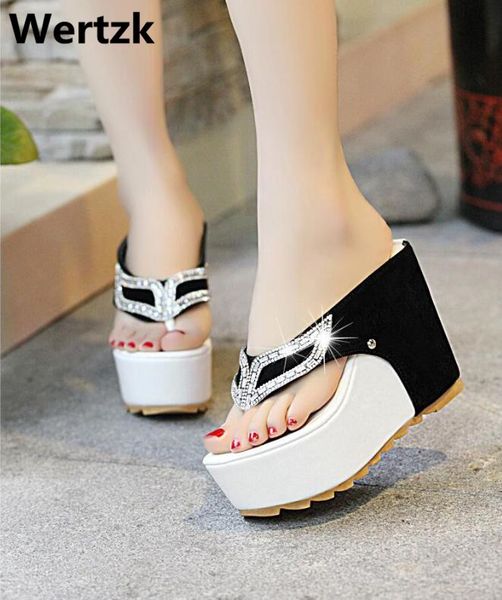 

wertzk 2019 new thick bottom platform flip flops rhinestone wedge heel shoes patchwork woman summer sandals slippers women e249, Black