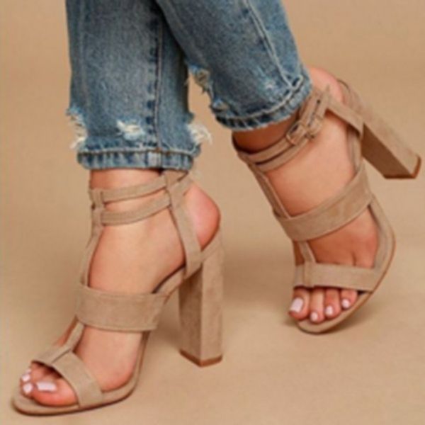 

women high heels design strap buckle summer sandals lady party square heels ankle strap sandal, Black
