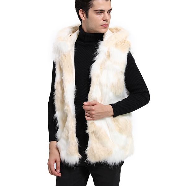 

brand male autumn winter faux fur vest hooded sleeveless patchwork color slim fur jacket hoodies outerwear waistcoat 3x 6q2307, Black;white