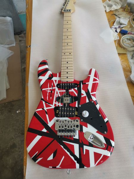 

kramer 5150 edward eddie van halen frankenstein black white stripe red electric guitar st shape maple neck, floyd rose tremolo & locking nut