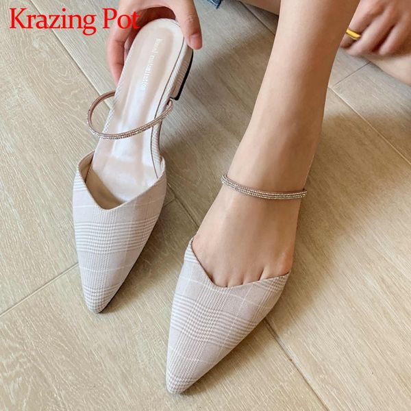 

krazing pot kid suede pointed toe low heel slip on mules rhinestone beauty lady daily wear slip on high fashion women pumps l06, Black