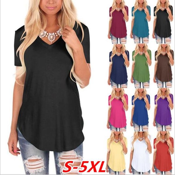 

t-shirt women clothes summer casual shirts female solid loose plus size short sleeve tees v neck street fashion blusas camis vest b5937, White