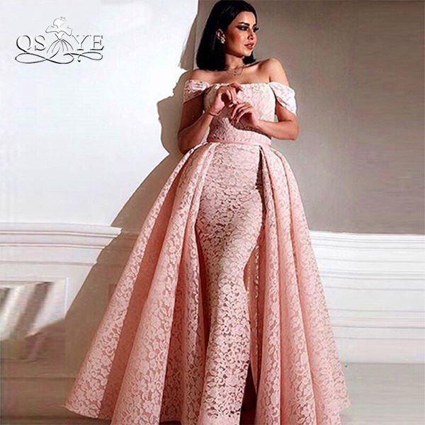 

qsyye 2019 pink vintage arabic evening dresses elegant off shoulder boat neck floor length lace long prom dress party gown, White;black