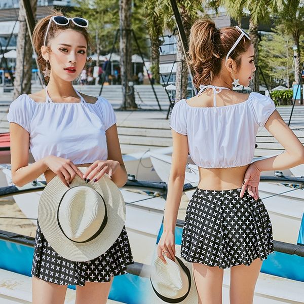 

split women's swim three-piece suit skirt-type small breasts gather to show weight students spring swimsuit 056024, White;black