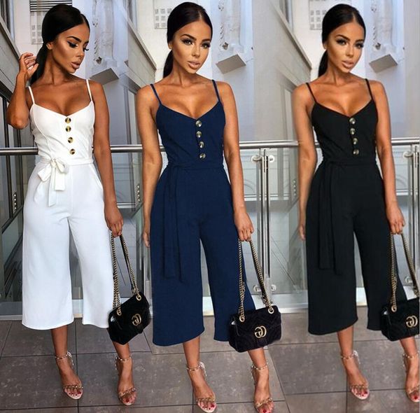 

long rompers women jumpsuit v neck jumpsuit ladies sleeveless solid wide leg pants casual office summer clothing, Black;white