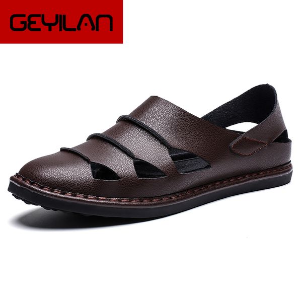 

men sandals 2019 summer men shoes leather casual loafers male flats big size 38-48 footwear drop ship, Black