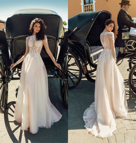 

gorgeous a line wedding dresses lace apliques beach jewel sheer long sleeve wedding gown custom made sweep train robes de mariÃ©e sell, White