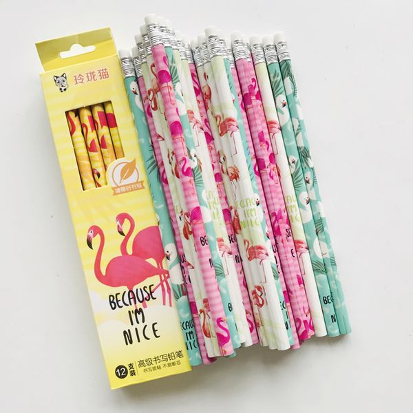 

4x cute flamingos standard wood pencil with eraser long handle writing tool school office supply student stationery kids gift