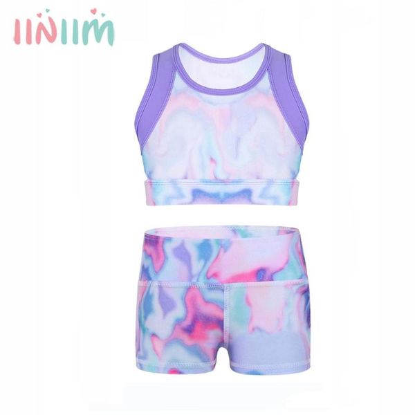 

kids outfit set girls sports gymnastic workout clothing summer sleeveless tanks crop high waist dance shorts bottoms set, White