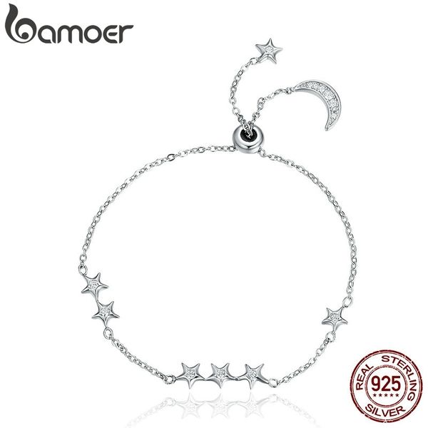 

bamoer new arrival genuine 925 sterling silver sweet whisper of moon & star clear cz link bracelet luxury silver jewelry scb007, Golden;silver