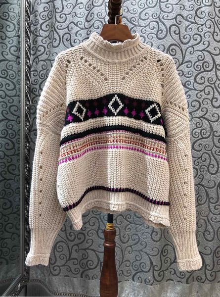 

2019 early autumn new female small high collar color matching woven decorative long sleeve wild loose sweater sweater 1008, White;black