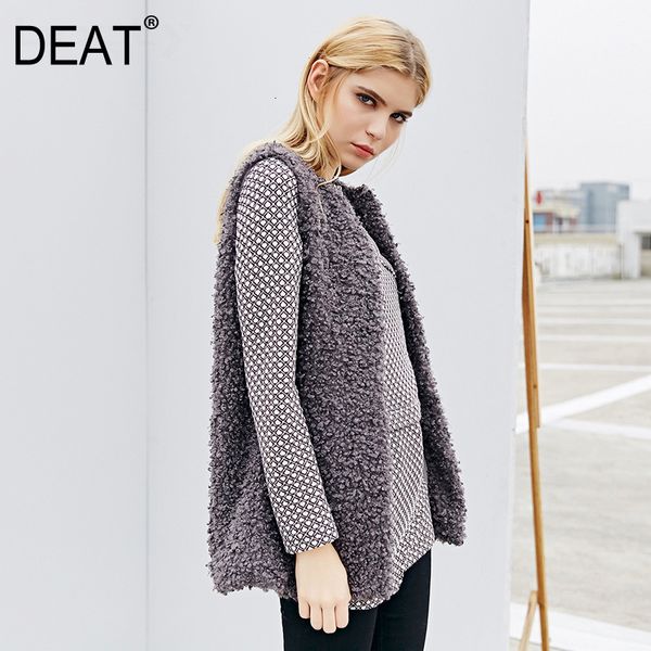 

deat] 2019 autumn winter new pattern leisure style solid color slim thin wild lamb hair round neck vest coat female at713, Black;white