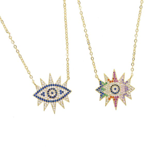 

micro pave blue rainbow cz evil eye eyelash turkish bohemia fashion jewelry women collar chain eye pendant necklace, Golden;silver