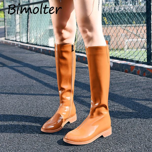 

bimolter patent leather knee boots woman round toe square heel boots women long black orange short plush spring c013