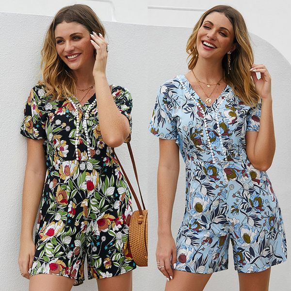 

for 2019 fashion newly summer women v neck short sleeve high waist jumpsuit for summer beach party holiday hh88, Black;white