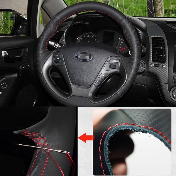 

for kia k3 car steering wheel cover non-slip diy hand sewing black leather
