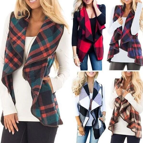 

women sleeveless plaid vest 9 colors lapel open front cardigan pockets autumn jacket grid patchwork check waistcoat ooa7154, Black;white