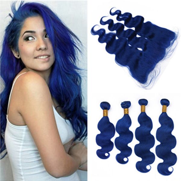 

Dark blue body wave brazilian virgin hair 4bundle and frontal 5pc lot pure blue body wavy human hair weave with 13x4 lace frontal