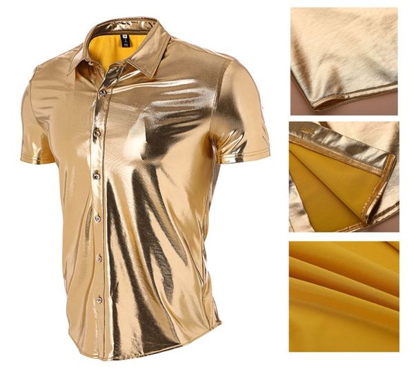 

men's gold trendy nightclubs bling-bling short sleeve lapel t-shirt light-faced performance dance shirt fashion clothes with button clo, White;black